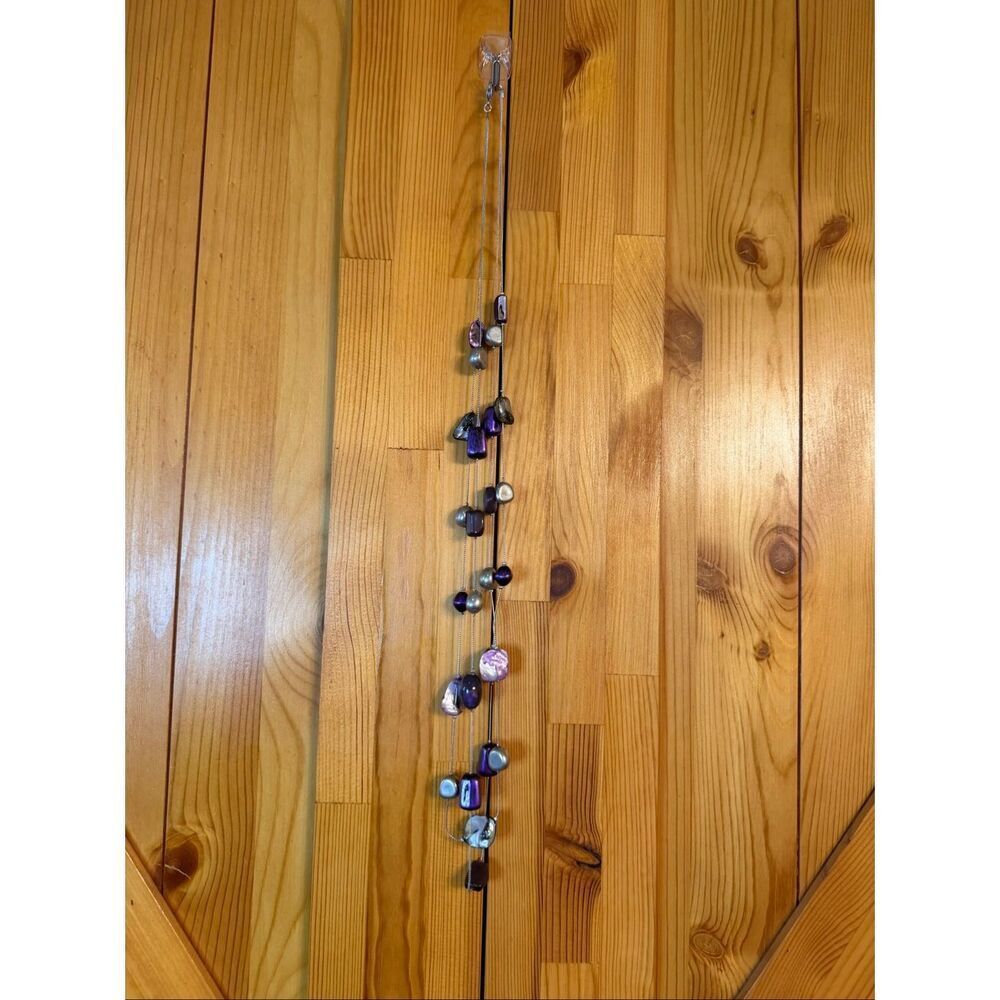 long bohemian necklace purple and silver beads along multiple strands (7871)